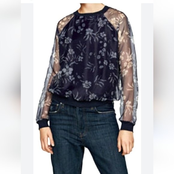 Zara Tops - Zara Navy Floral Print Sheer Pullover Long Sleeves Blouse Size Small